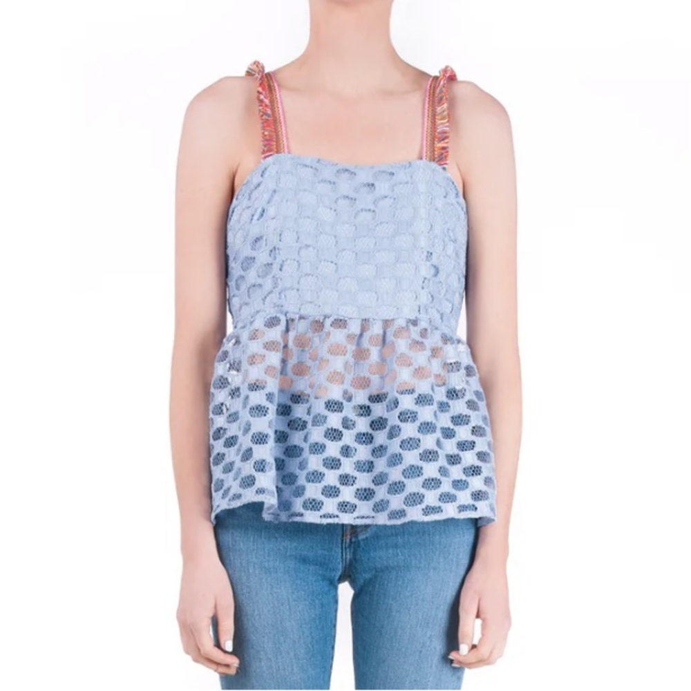 Anthropologie Waverly Grey Sunny Blue Lace Crochet Fringe Crop Peplum Tank Top S
